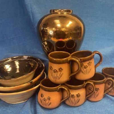 Handmade pottery flower mugs and bowls