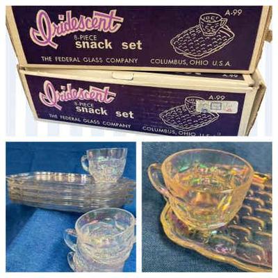 Stunning iridescent federal glass snack sets
