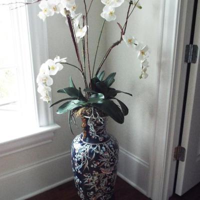 BLUE AND WHITE CANTON WARE VERY TALL URN SHAPED VASE WITH ARTIFICIAL ORCHIDS (2)