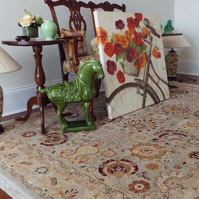 ARTWORK, TANG CHINESE HORSE, PERSIAN RUG, AND CHIPPENDALE SETTEE
