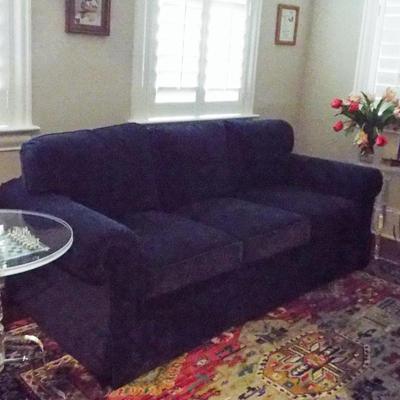 STICKLEY BLUE NAPPED FABRIC SOFA THREE CUSHIONS IN EUC - THIS RUG IS NOT FOR SALE