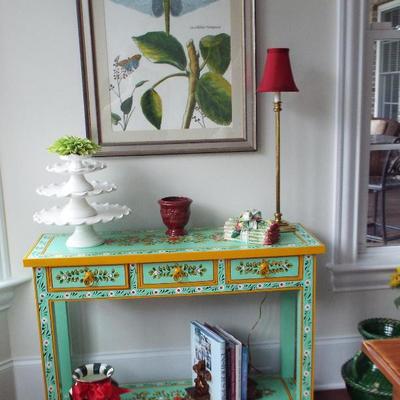 HIGH QUALITY COLORFUL HAND PAINTED NARROW WALL TABLE WITH DRAGONFLY PRINT ABOVE