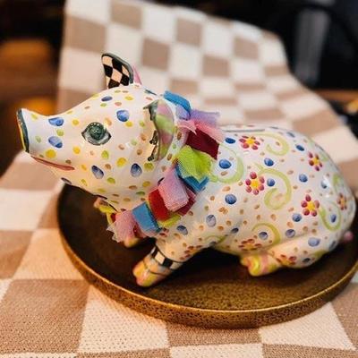 *RETIRED* MACKENSIE-CHILDS FLORAL PIG WITH FRILLY COLLAR PIGGY BANK