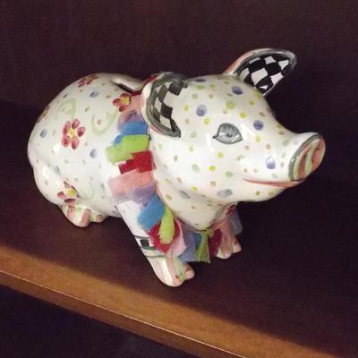 *RETIRED* MACKENSIE-CHILDS FLORAL PIG WITH FRILLY COLLAR PIGGY BANK