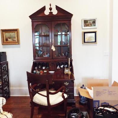 EXCEPTIONAL MAHOGANY DROP DOWN DESK CHINA CABINET WITH BROKEN PEDIMENT