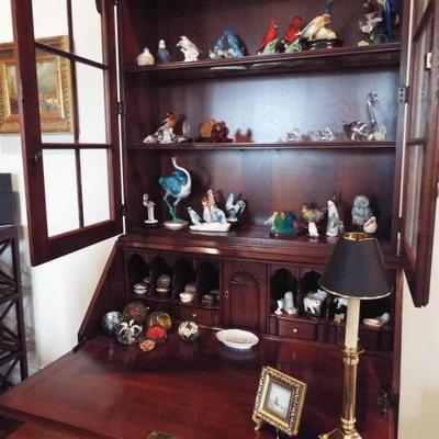 EXCEPTIONAL MAHOGANY DROP DOWN DESK CHINA CABINET WITH BROKEN PEDIMENT