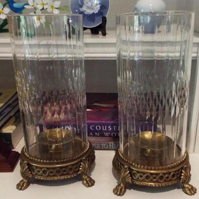LARGE CRYSTAL AND BRASS CANDLE HOLDERS