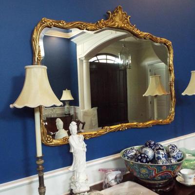 HIGH END ART NOUVEAU GILT FRAMED WITH ACANTHUS MIRROR AND BANQUET LAMPS