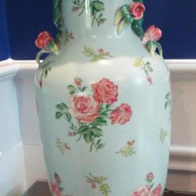 PALE BLUE AND ROSES URN SHAPED LAMP