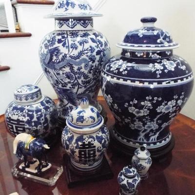 BLUE AND WHITE CANTON LARGE FLORAL & CHINESE DESIGNS DECORATIVE PIECES