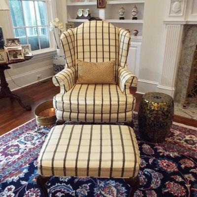 ROLLED ARM WINDOWPANE FABRIC WING BACK CHAIR (2) AND ONE OTTOMAN TO MATCH