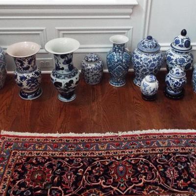 BLUE AND WHITE CANTON LARGE FLORAL & CHINESE DESIGNS DECORATIVE PIECES
