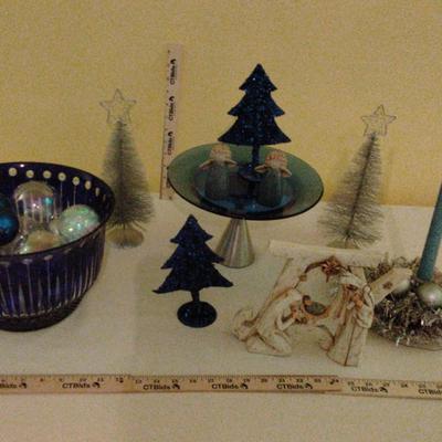 Faberge Xenia Blue Punch Bowl And Assorted Christmas Decor