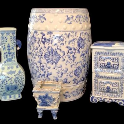 Orential Items: 18-inch Blue & White Porcelain Garden Stool w/ floral pattern, Vases & Small Storage