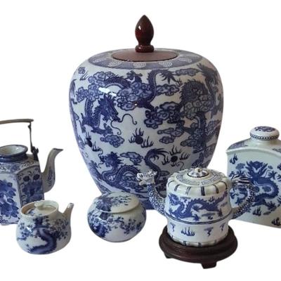 Blue & White Teapots With Accessories,  LG Vase, Container