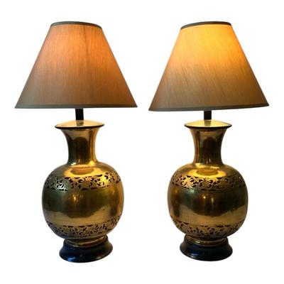 2 Large Vintage Asian Style Etched Brass Table Lamps