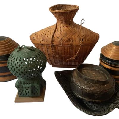 Oriental Style Baskets  and Green Metal Lantern