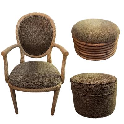 Animal Print Carved White Washed Chair& Ottomans