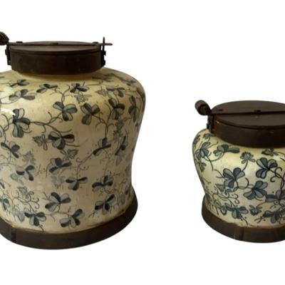 Vintage Porcelain Large & Small Ginger Jars with Metal Lids