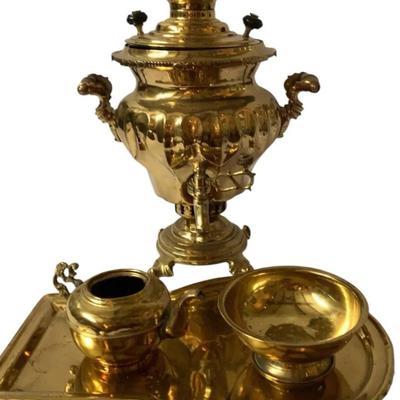 Antique Russian Brass Samovar With Tray, Pot & Bowl