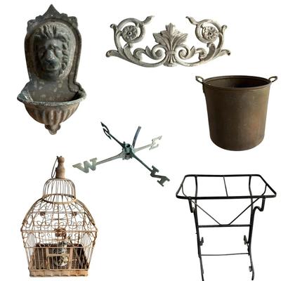 Metal Goodies lot - Birdcage, weather vane, bucket, lion sconce, plant stand & decor piece