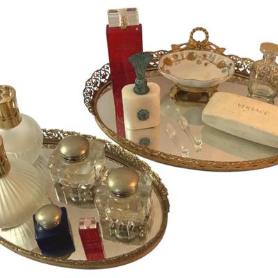 Set Of Mirrored Vanity Trays And Accessories, Including Perfume Bottles