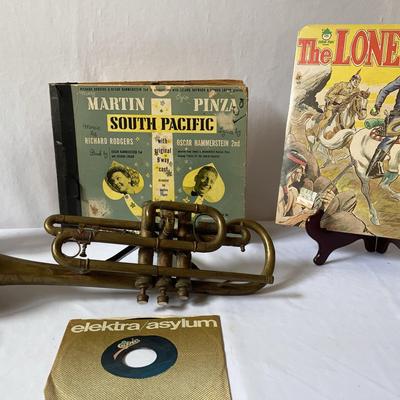 Vintage Brass Cornet/Trumpet and Old Vinyl 45 & 33 albums