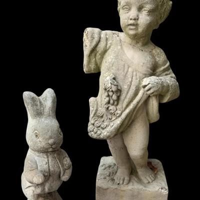 2 concrete yard sculptures - Rabbit & Boy