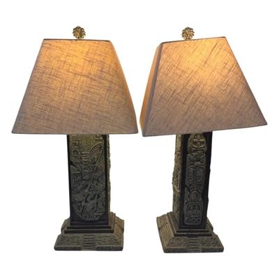 Pair Of Aztec/Mayan Design Resin Table Lamps With Shades