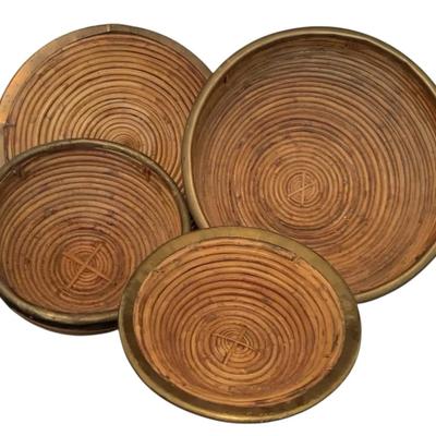 Rattan Bowls & Platter Possibly Brass Trim- Made In India