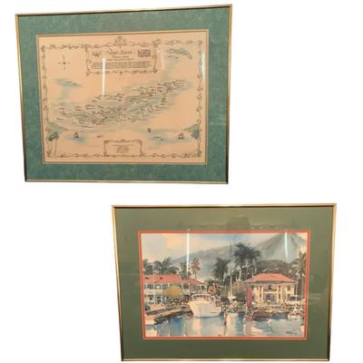 JERN TREMEWEN- Framed Picture Waterfront & Virgin Island Style Map