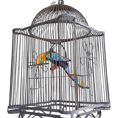 Wrought Iron, outdoor birdcage with Mexican pottery parrot 