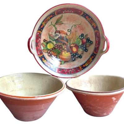 Hand-painted Mexican Talavera fruit bowl & 2 terracotta glazed pots