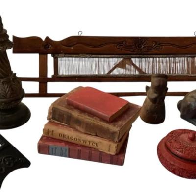 Mix of Vintage Collectibles including Wooden Loom,Chines Carved Lacquer Box
