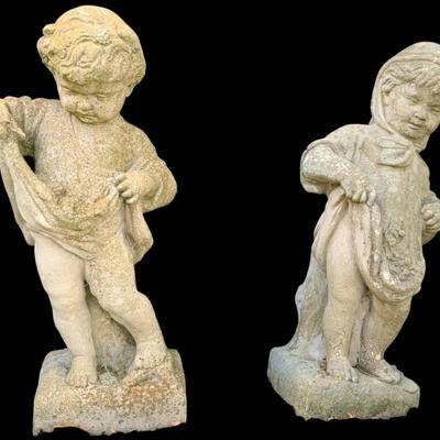 Set of concrete yard sculptures - Boy & Girl