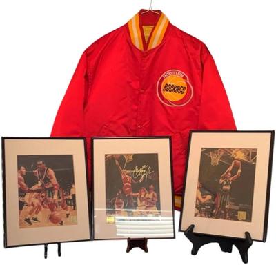 Houston Rockets 3 Signed/Framed PhotosCharles Barkley, Clyde Drexler, Hakeem Olajuwon & Large Jacket