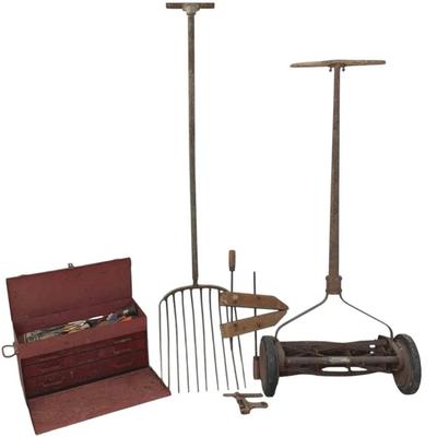 Vintage (possibly antique) Craftsman push mower & other tools