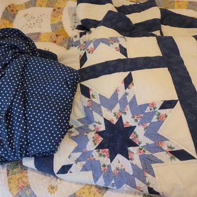 Queen Sheet Set and Coordinating Star Quilt in Shades of Blue  & White