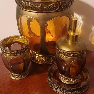 Amber and Gold Tone Resin Bathroom Set