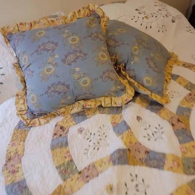 Full Size Mattress, Topper, Frame and Bedding Blue Yellow and White