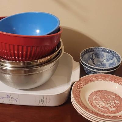 Cook Bake & Serve Ware Lot - Bowls and Pan - Some Vintage and Signed - Numerous Colorful Items