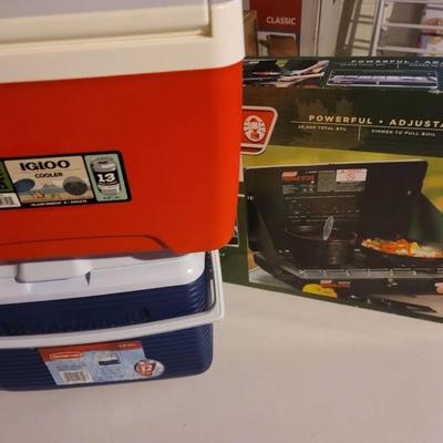 Camping Lot Stove and 2 Coolers Igloo and Coleman