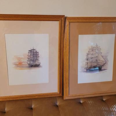 2pc Mads Stage Watercolor Tall Ship Paintings 