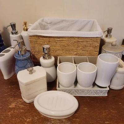 Lather, Rinse, Repeat Bathroom Lot-  Soap and Lotion Pumps, Containers, Cups, and Basket