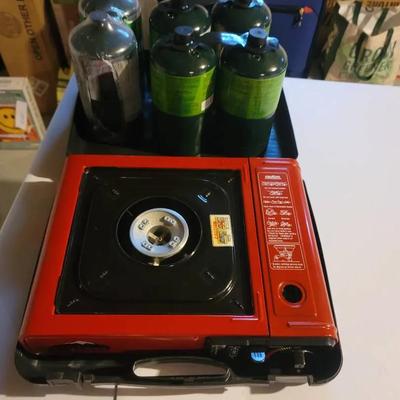Single Burner Camping Stove with Six Propane Bottles 