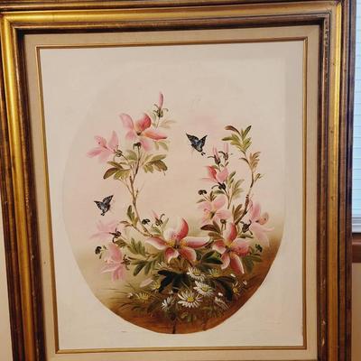 Floral Butterfly Painting on Canvas Signed & Framed