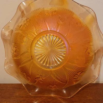 Iris And Herringbone Marigold Carnival Glass Ruffled Bowl 