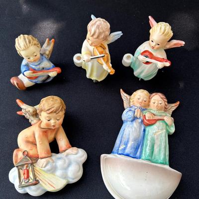 Goebel Hummel Figurines – Angel on Cloud, Joyous News, Angel Violin & Holy Water Font