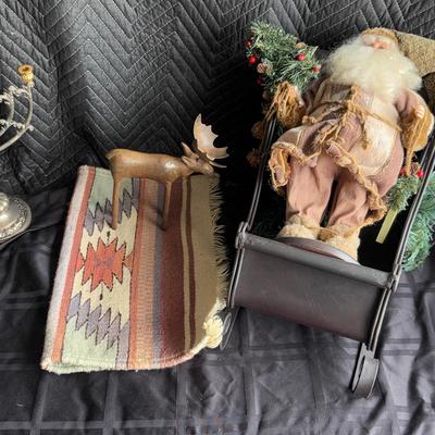 Holiday & Decorative Collection – Brass Menorah, Santa Figurines, Reindeer & Textiles