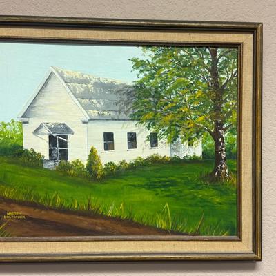 Lot 500: Vintage Oil Painting of Country Church – Signed Sheron Loetscher